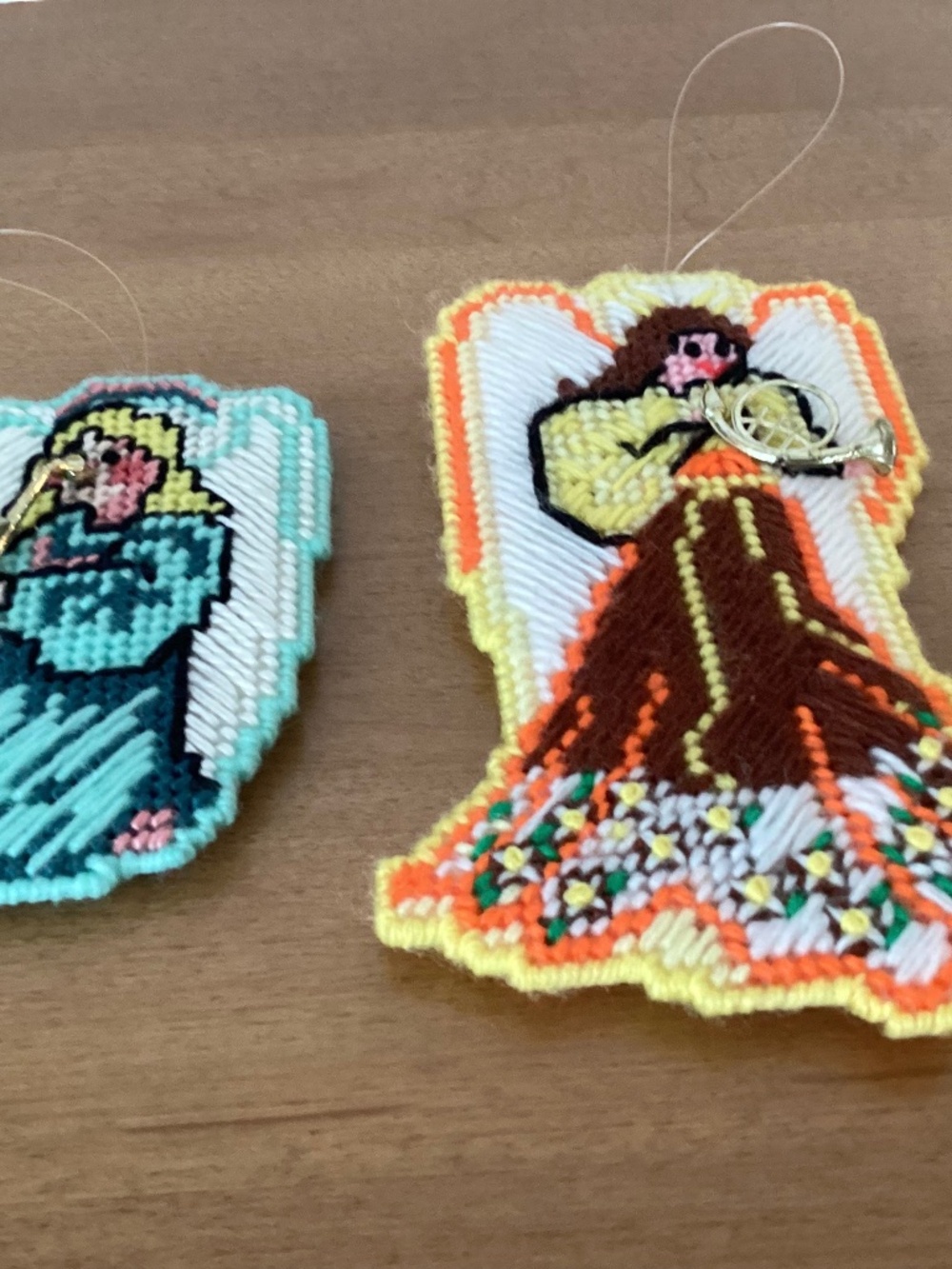 Needlepoint Plastic Canvas Christmas Ornaments 2 Angels Instruments Vtg